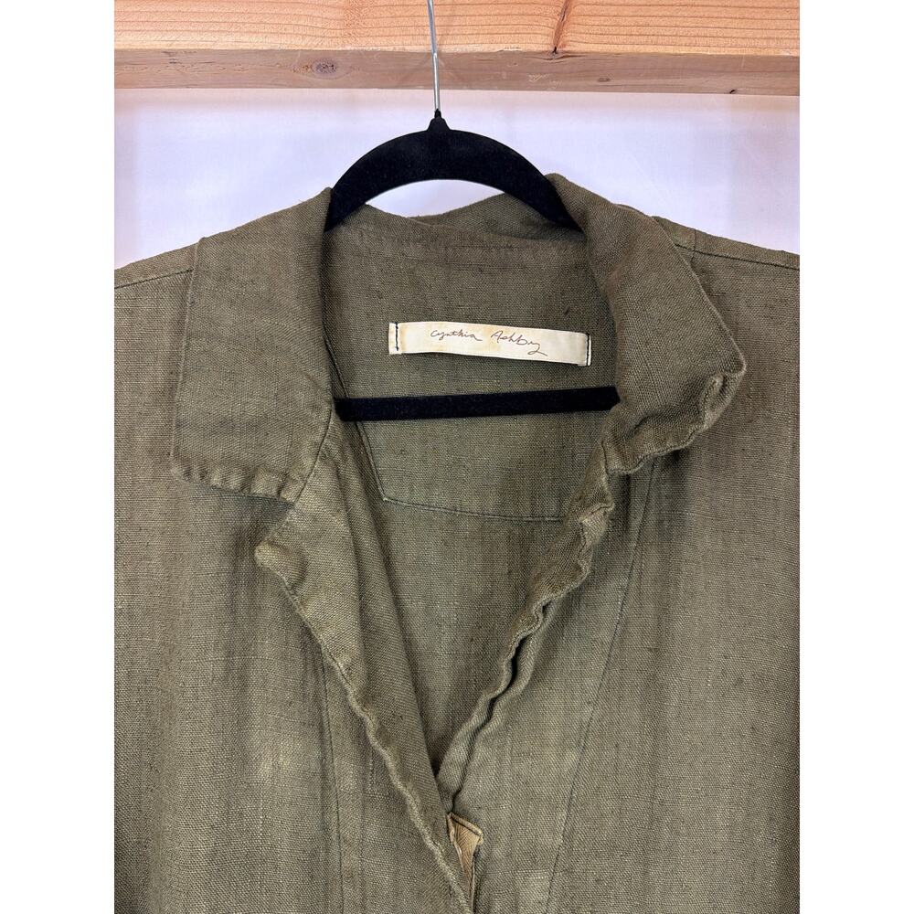 Cynthia Ashby Green Linen Long Sleeve Ruffled Snap Jacket Size XL - Picture 2 of 11